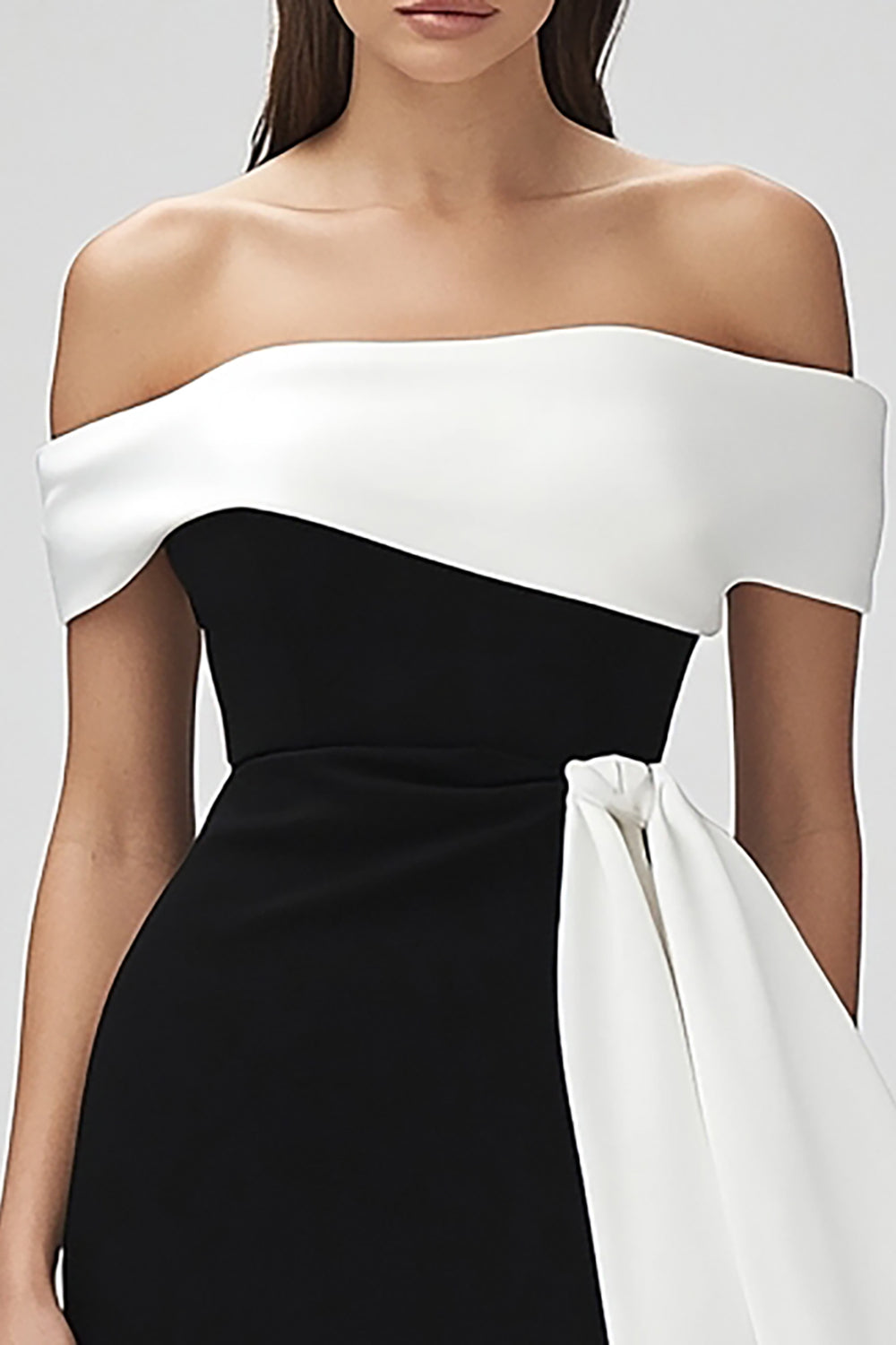 Black and White Patchwork Off the Shoulder Short Cocktail Dress with Ruffles