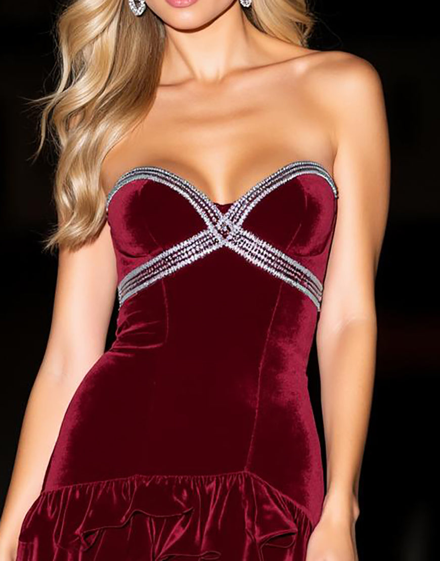 Sparkly Burgundy Velvet Ruffled Tight Short Homecoming Dress with Beading