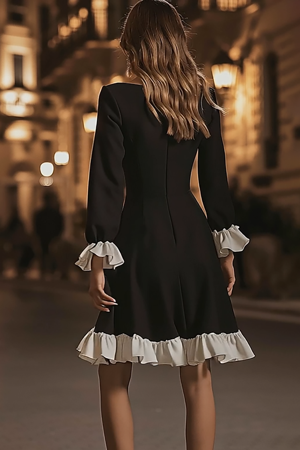 Black and White Ruffled A Line Long Sleeves Short Homecoming Dress