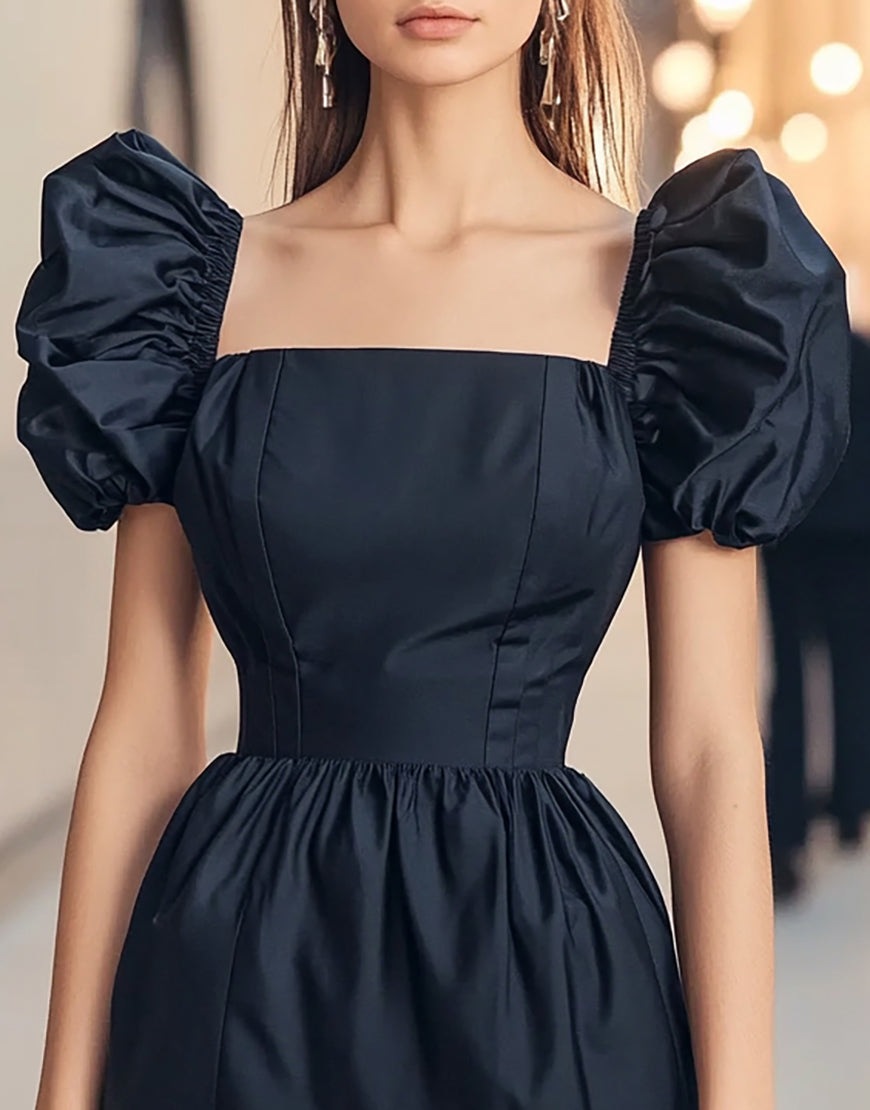 Navy Puff Sleeves Square Neck Short Tight Homecoming Dress