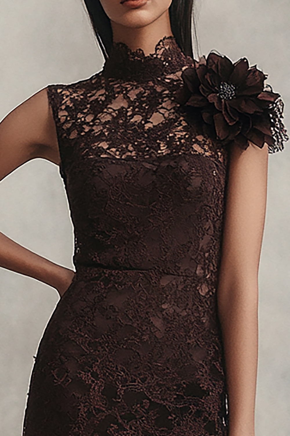 Coffee Lace High Neck Short Tight Homecoming Dress with 3D Flower