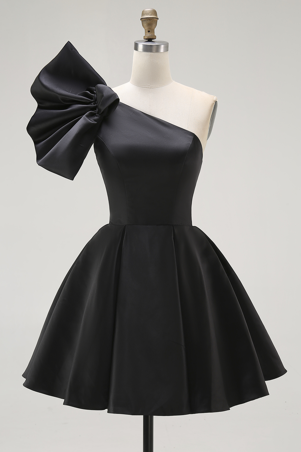 Black Satin A Line One Shoulder Short Homecoming Dress with Ruffles