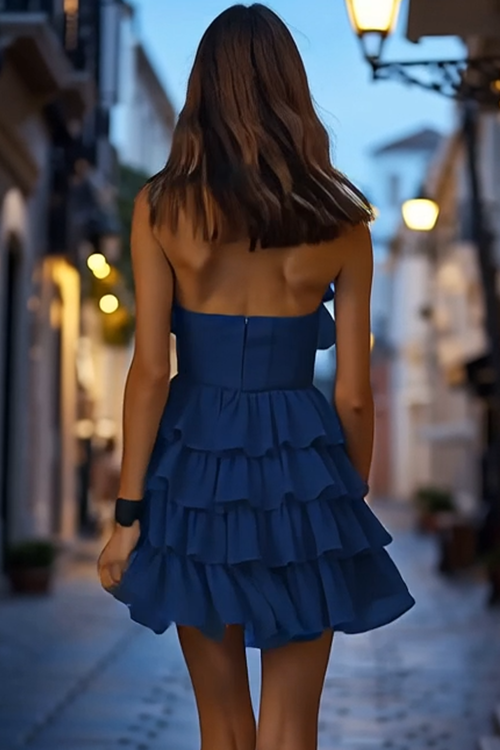 Navy High Neck A Line Tiered Short Homecoming Dress with Ruffles