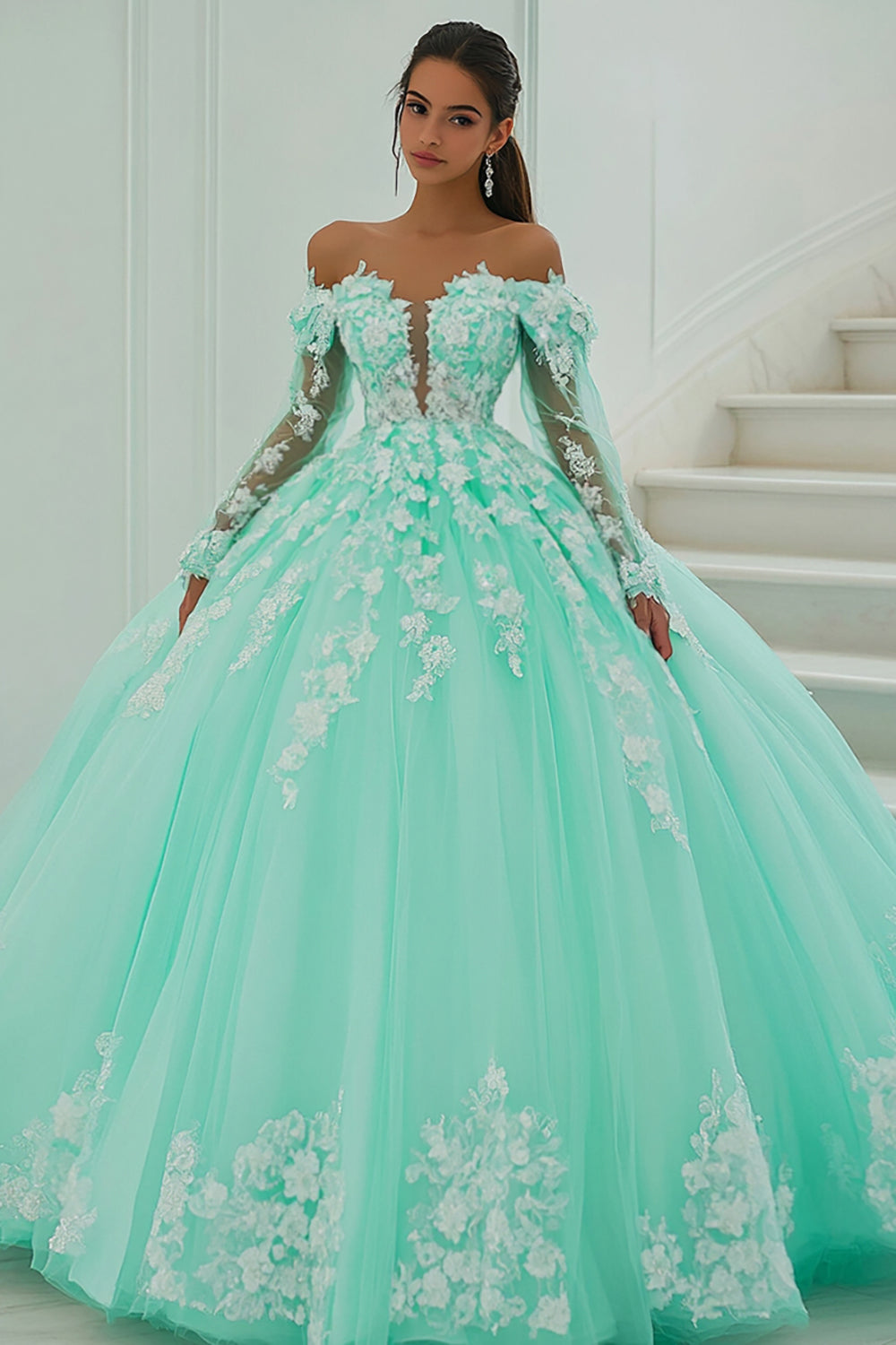 Mint Green Tulle Princess Long Quinceanera Dress with Long Sleeves
