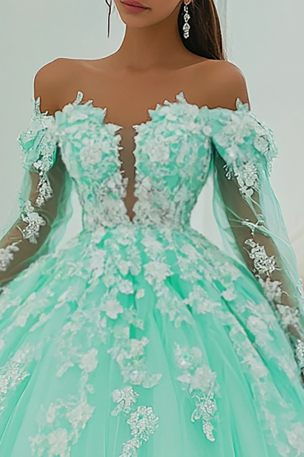 Mint Green Tulle Princess Long Quinceanera Dress with Long Sleeves