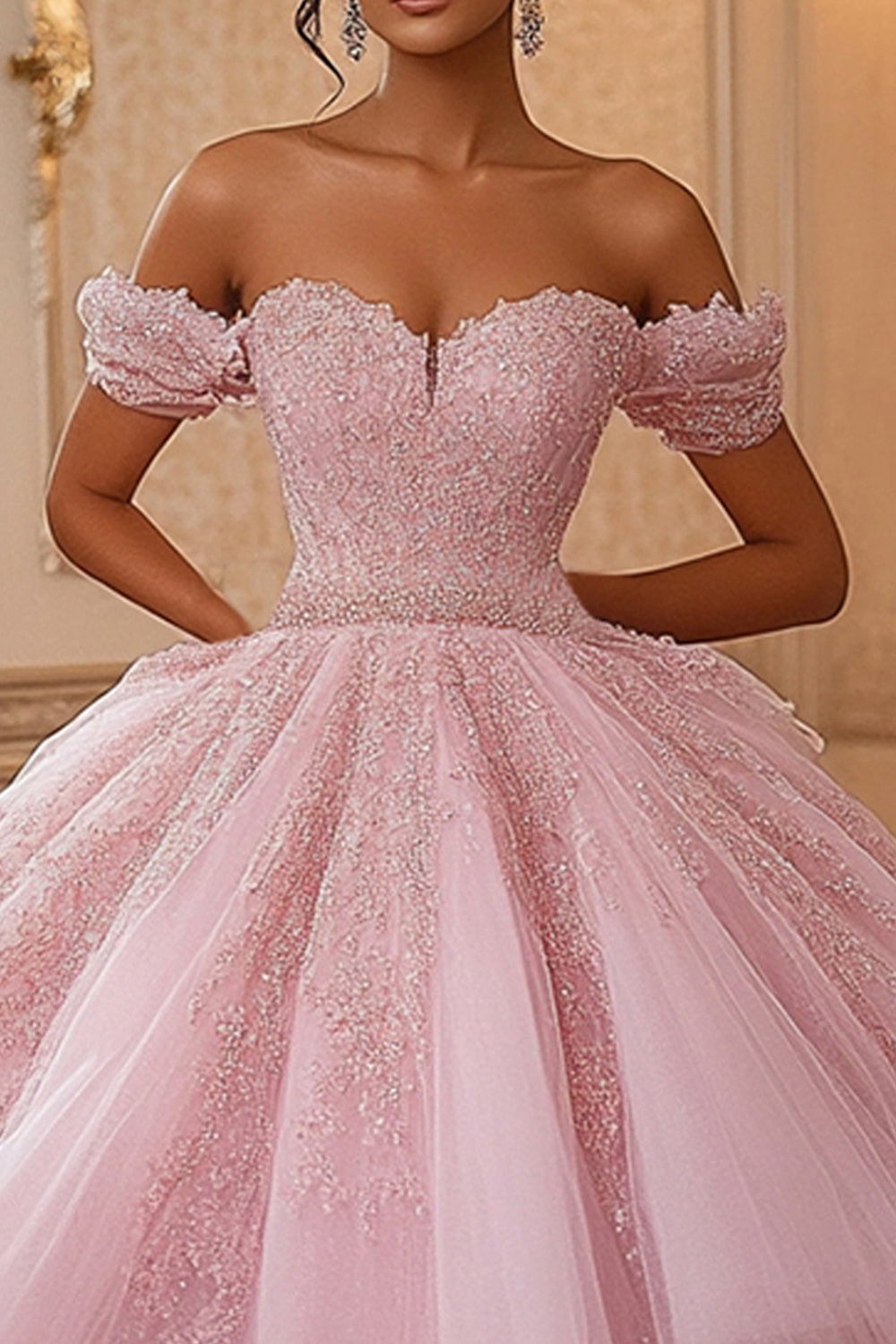 Pink Ball Gown Princess Tiered Tulle Long Quinceanera Dress with Lace