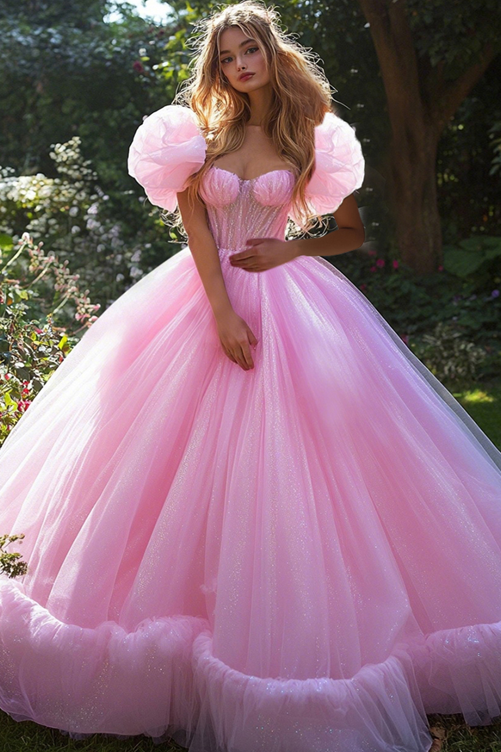 Sparkly Pink Corset Princess Tulle Long Quinceanera Dress with Puff Sleeves
