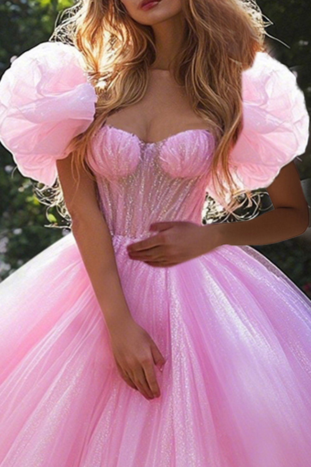Sparkly Pink Corset Princess Tulle Long Quinceanera Dress with Puff Sleeves