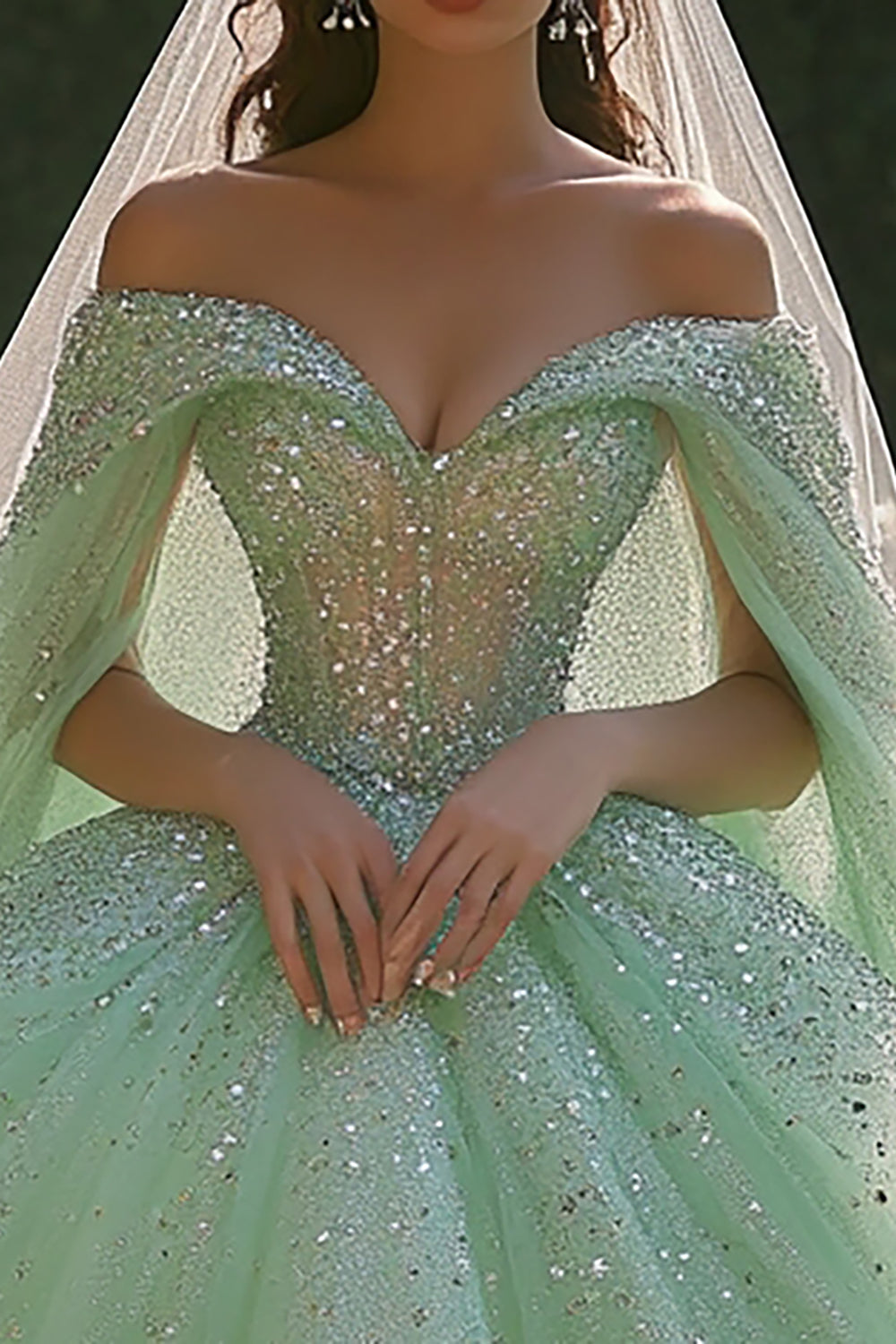 Sparkly Light Green Off the Shoulder Ball Gown Long Quinceanera Dress with Beading