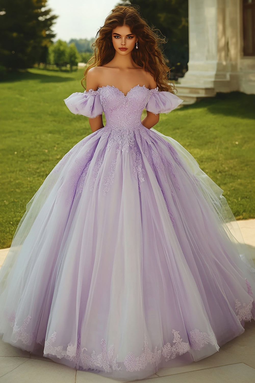 Lilac Ball Gown Off the Shoulder Long Quinceanera Dress with Ruffles