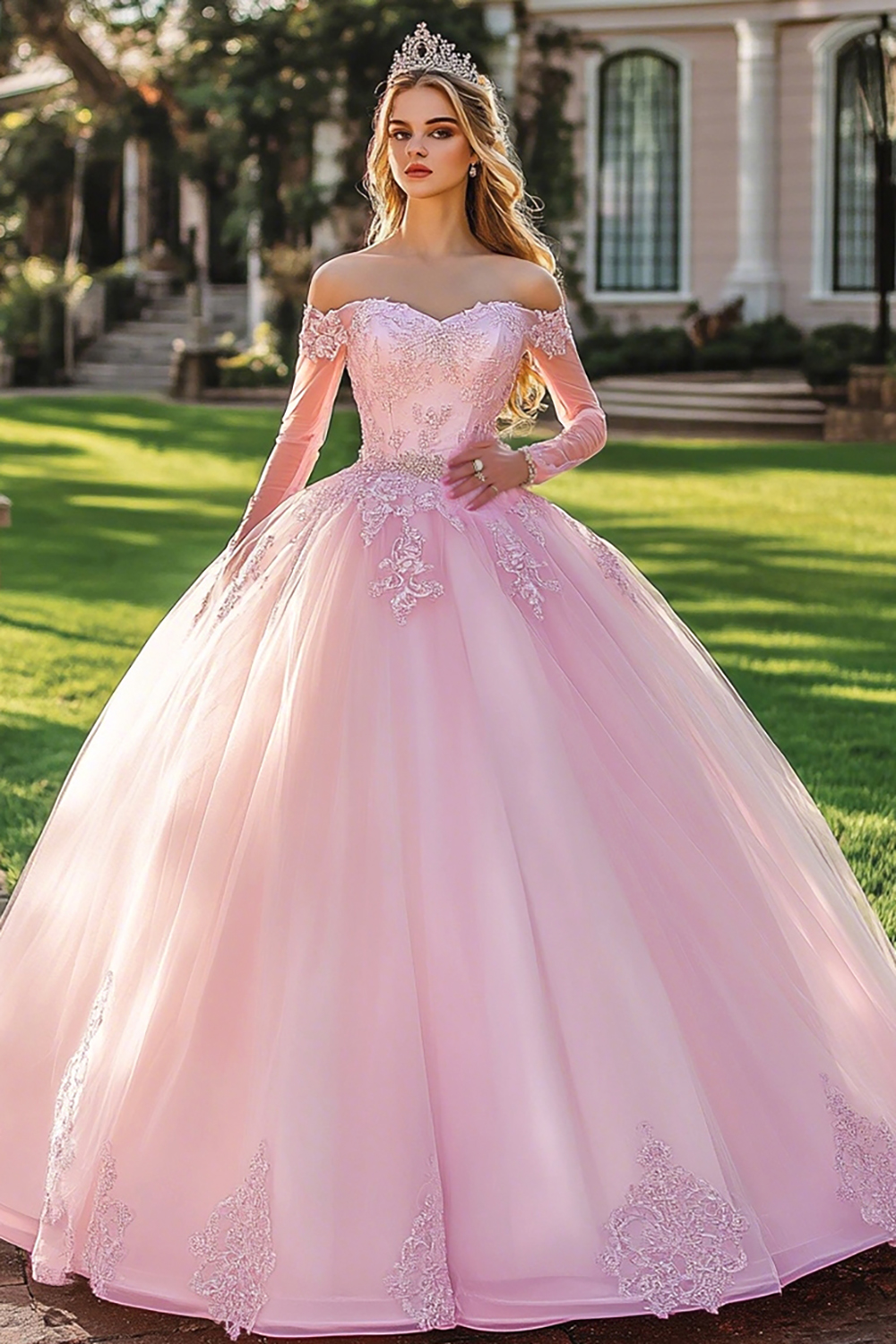 Pink Ball Gown Off the Shoulder Appliqued Long Quinceanera Dress with Long Sleeves