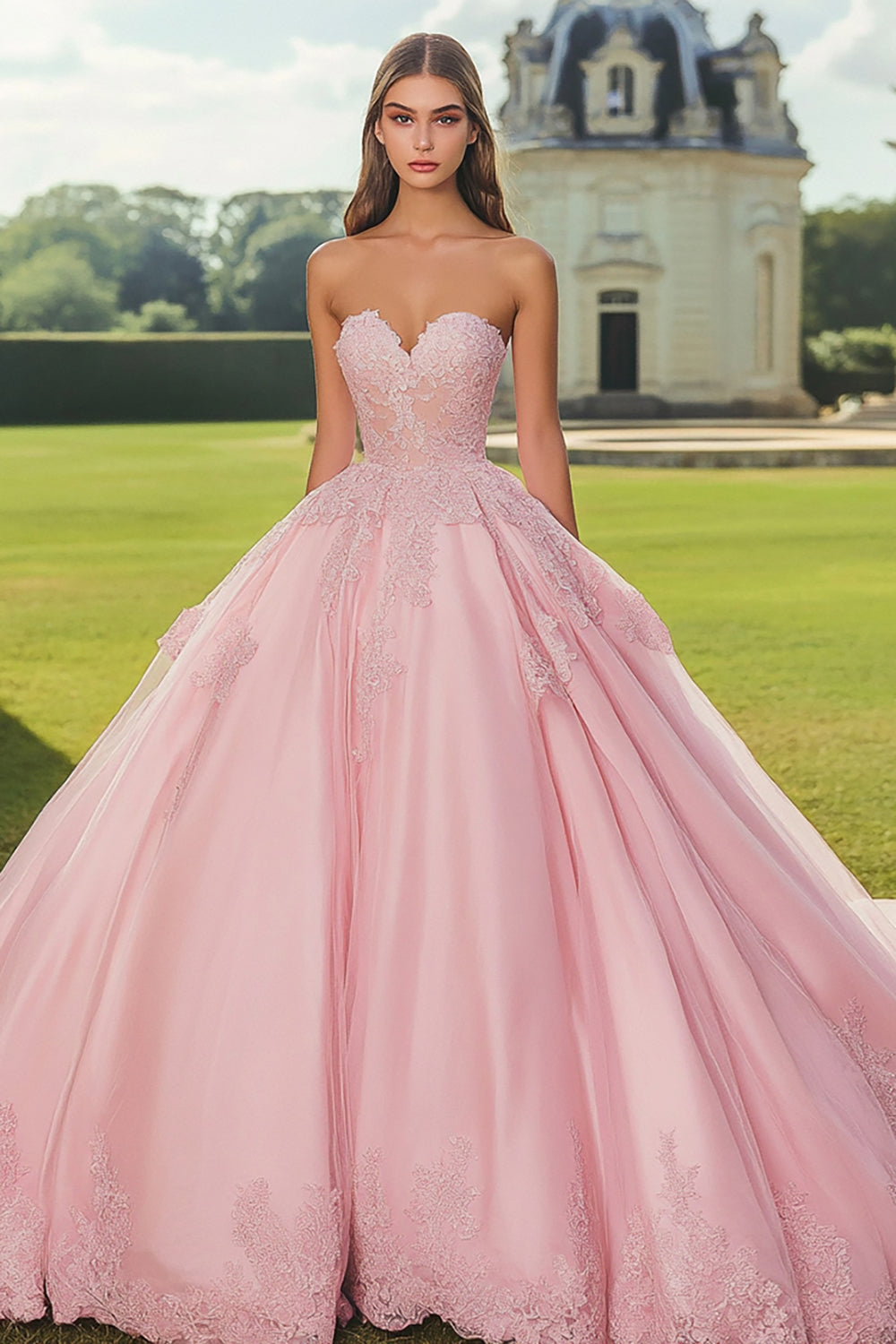 Pink Ball Gown Sweetheart Long Quinceanera Dress with Appliques