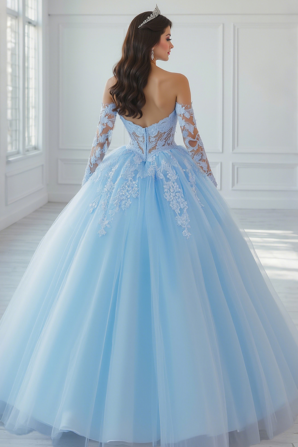 Sky Blue Tulle Princess Ball Gown Long Sleeves Quinceanera Dress with Lace