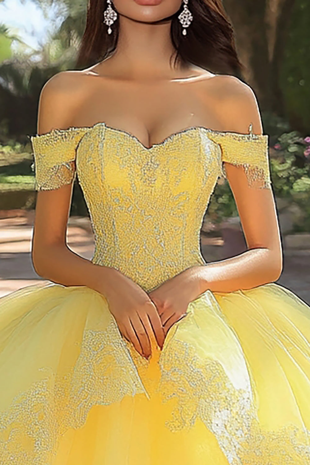Yellow Tulle Ball Gown Appliqued Long Quinceanera Dress with Ruffles