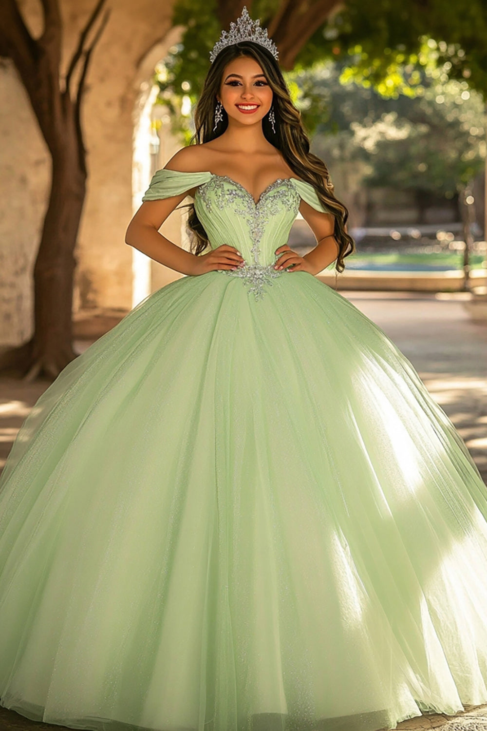 Glitter Light Green Tulle Ball Gown Long Quinceanera Dress with Appliques