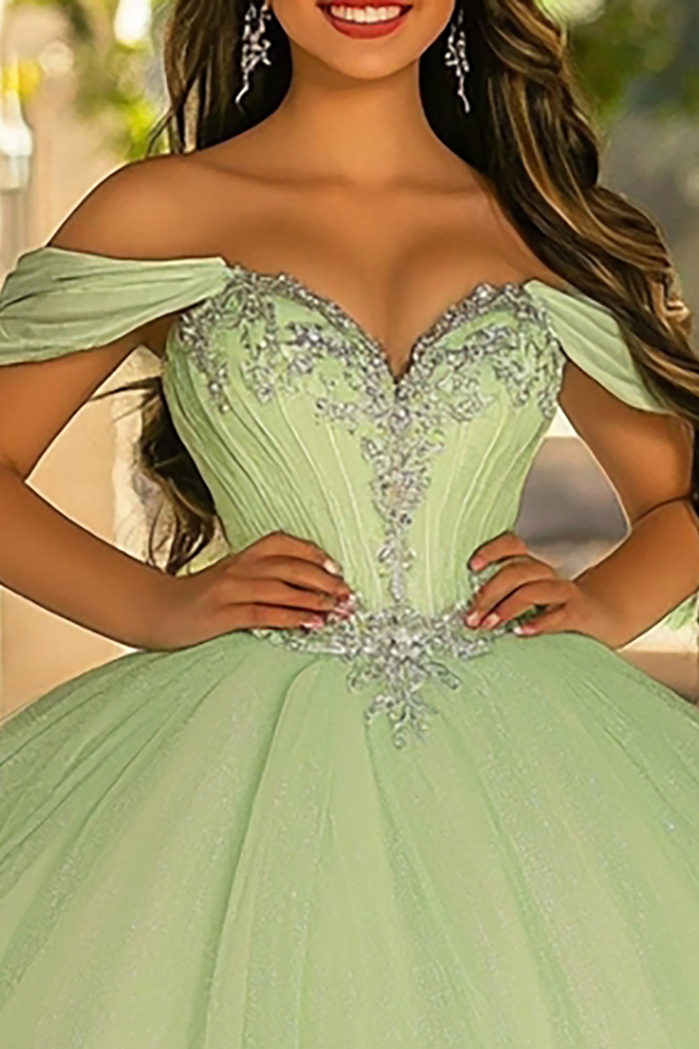 Glitter Light Green Tulle Ball Gown Long Quinceanera Dress with Appliques