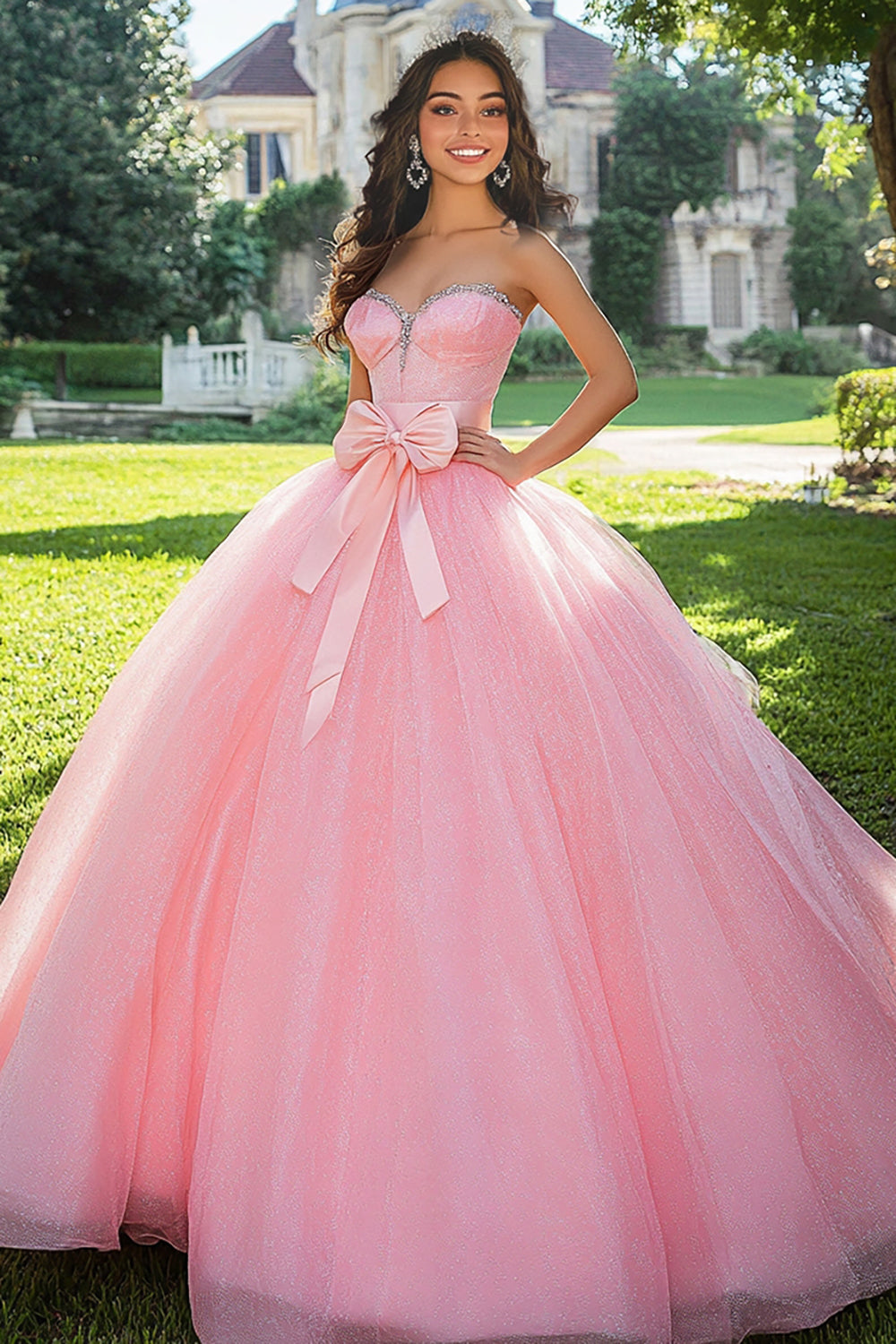 Sparkly Pink Tulle Ball Gown Sweetheart Beaded Long Quinceanera Dress with Bow