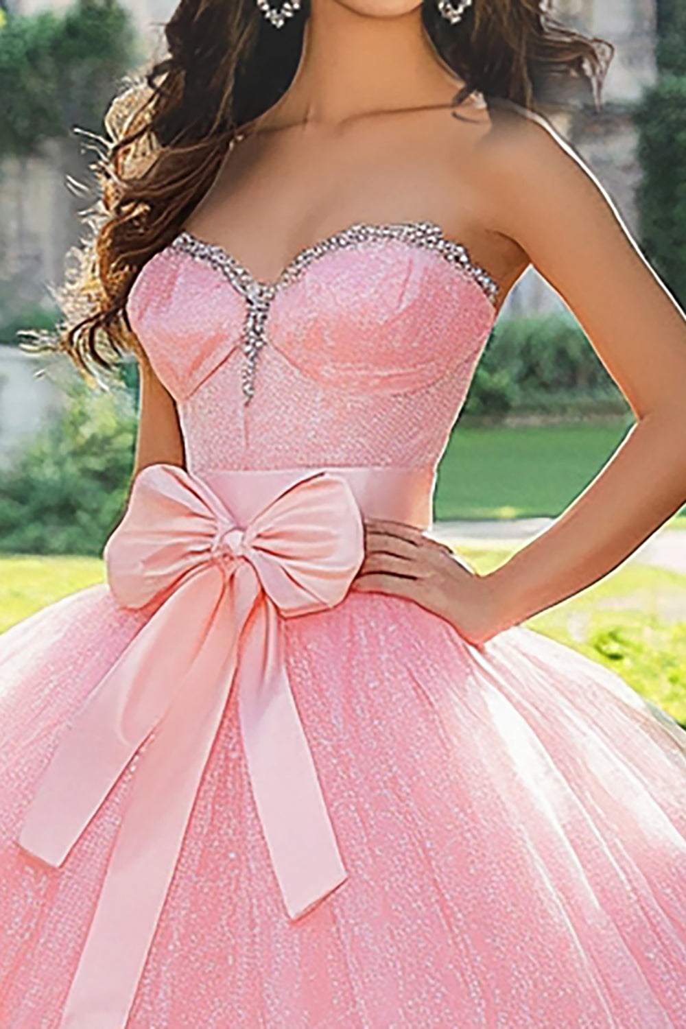 Sparkly Pink Tulle Ball Gown Sweetheart Beaded Long Quinceanera Dress with Bow