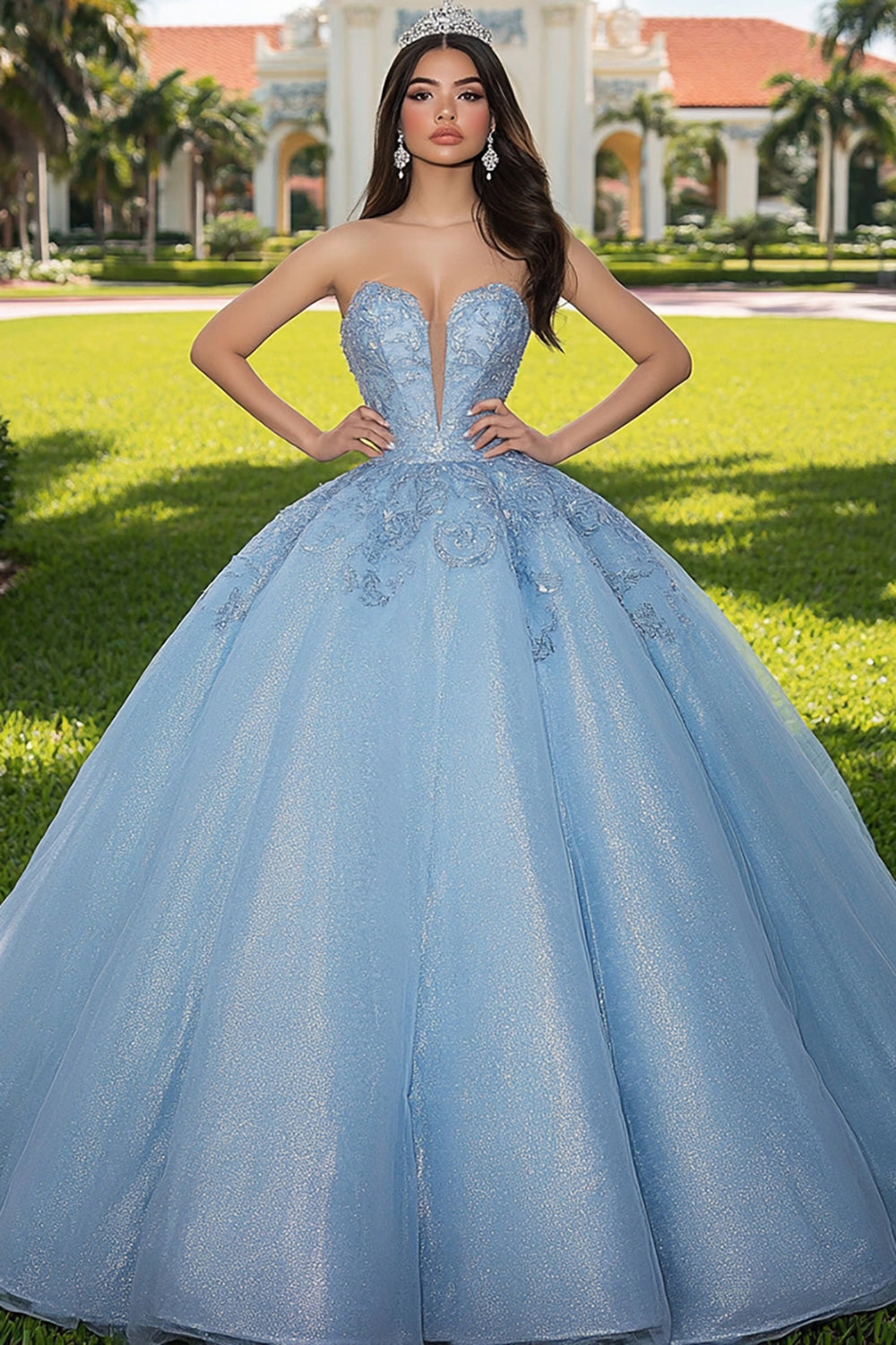 Sparkly Sky Blue Glitter Princess Ball Gown Sweetheart Long Quinceanera Dress
