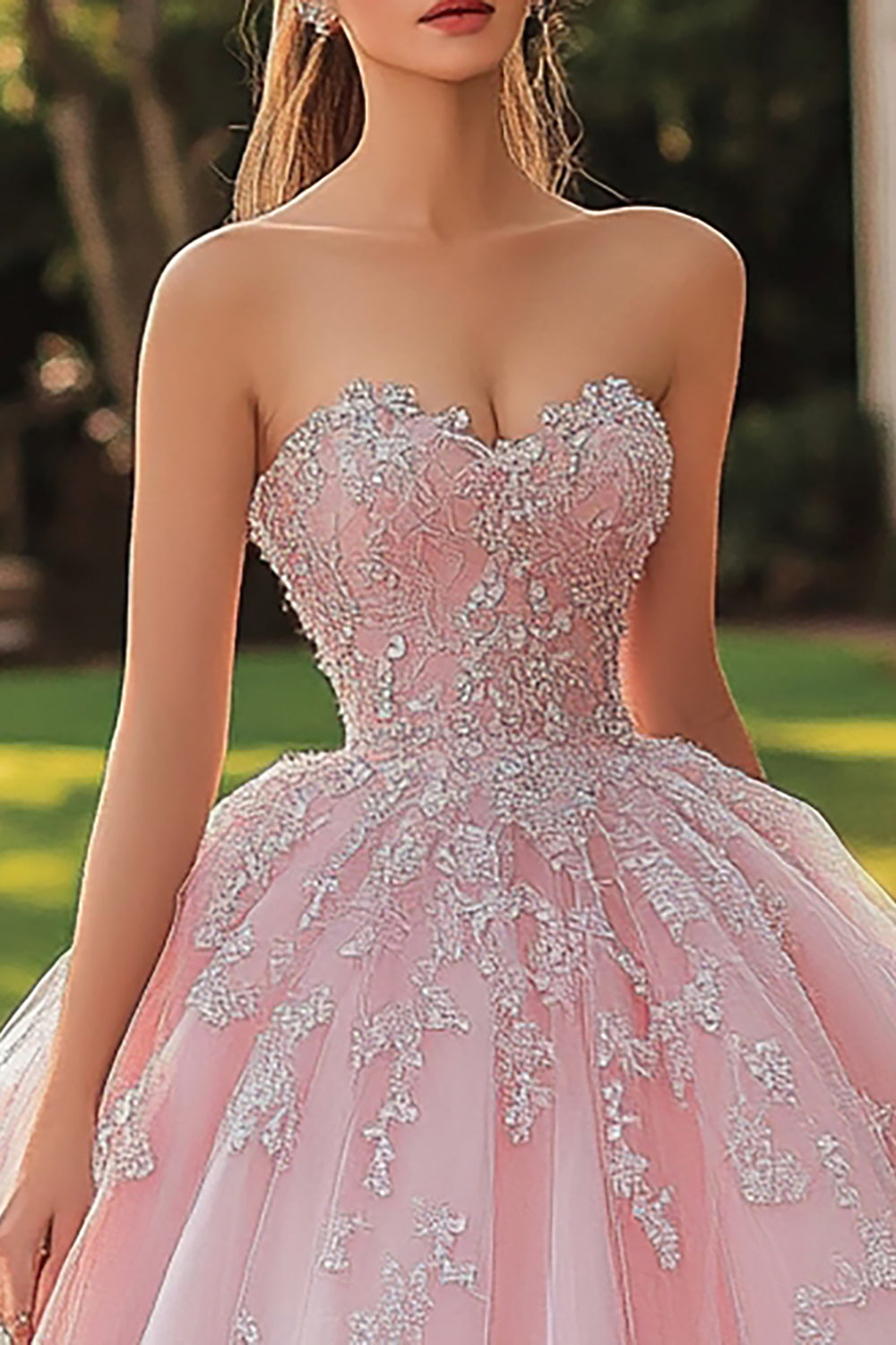 Pink Sweetheart Ball Gown Princess Long Tulle Quinceanera Dress with Lace