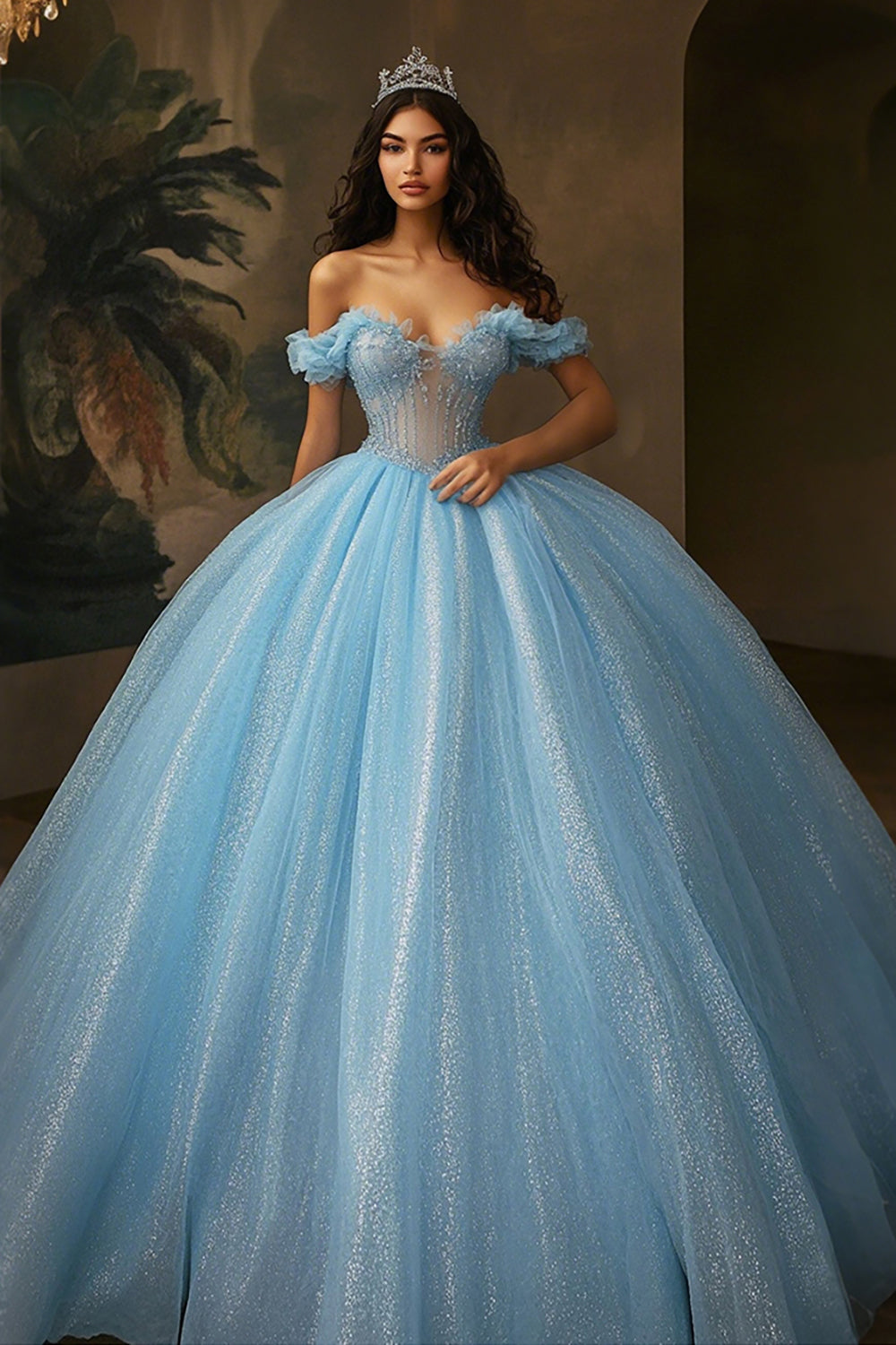 Sparkly Glitter Sky Blue Corset Princess Ball Gown Ruffled Long Quinceanera Dress