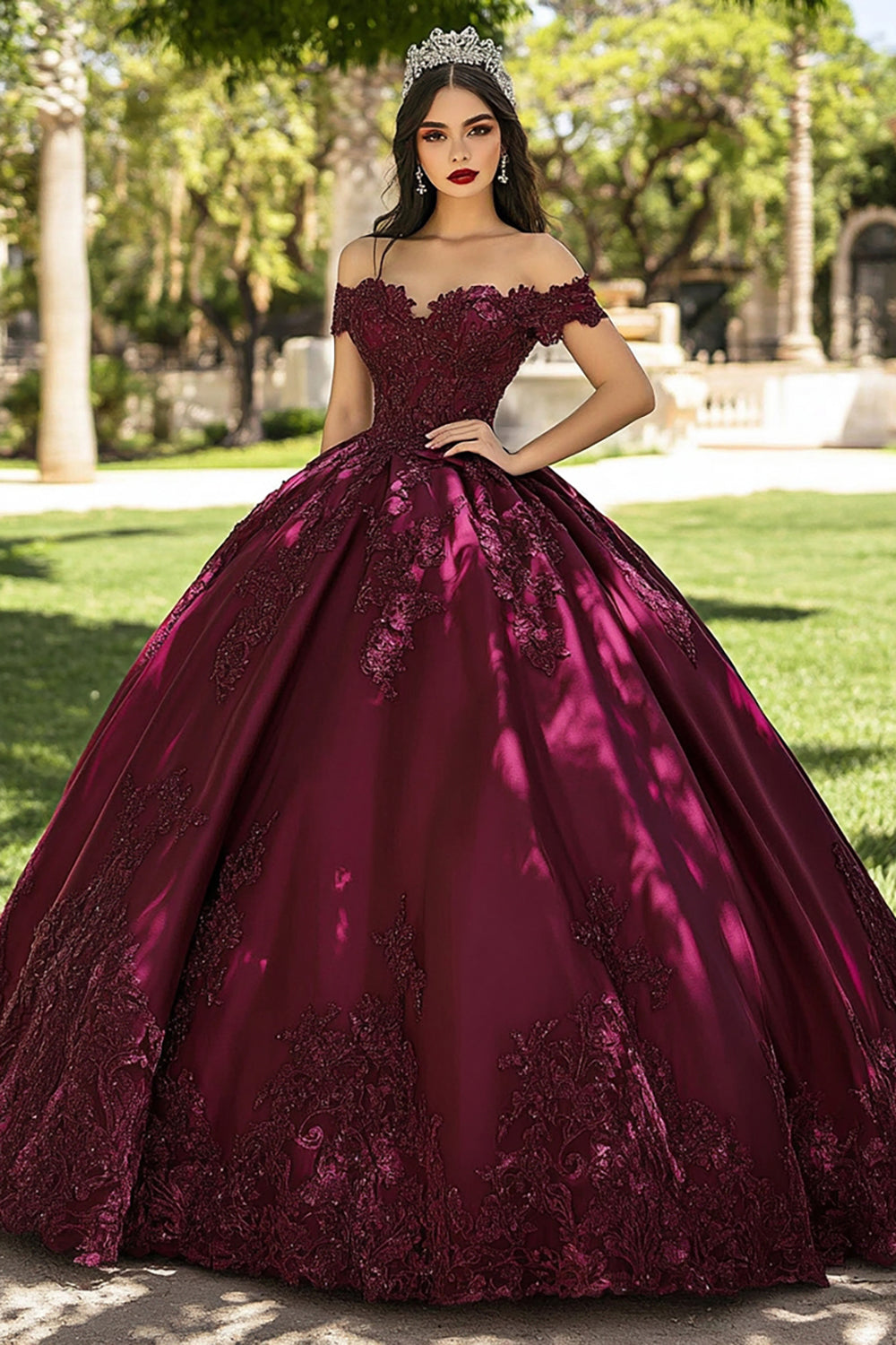 Burgundy Ball Gown Off the Shoulder Long Quinceanera Dress with Appliques