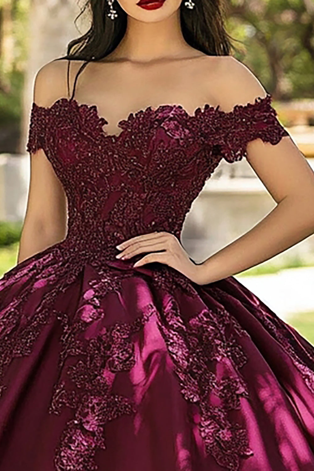 Burgundy Ball Gown Off the Shoulder Long Quinceanera Dress with Appliques