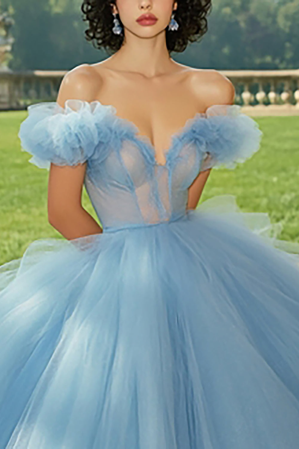 Sky Blue Corset Ball Gown Princess Tulle Long Quinceanera Dress with Ruffles