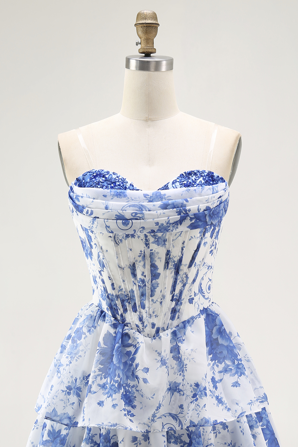 Sparkly White and Blue Floral Sweetheart Ruffled Tiered Short Corset Homecoming Dress