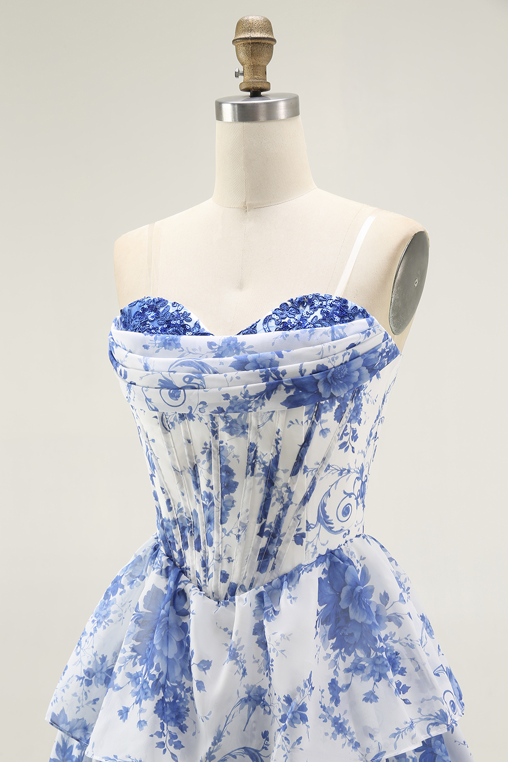 Sparkly White and Blue Floral Sweetheart Ruffled Tiered Short Corset Homecoming Dress