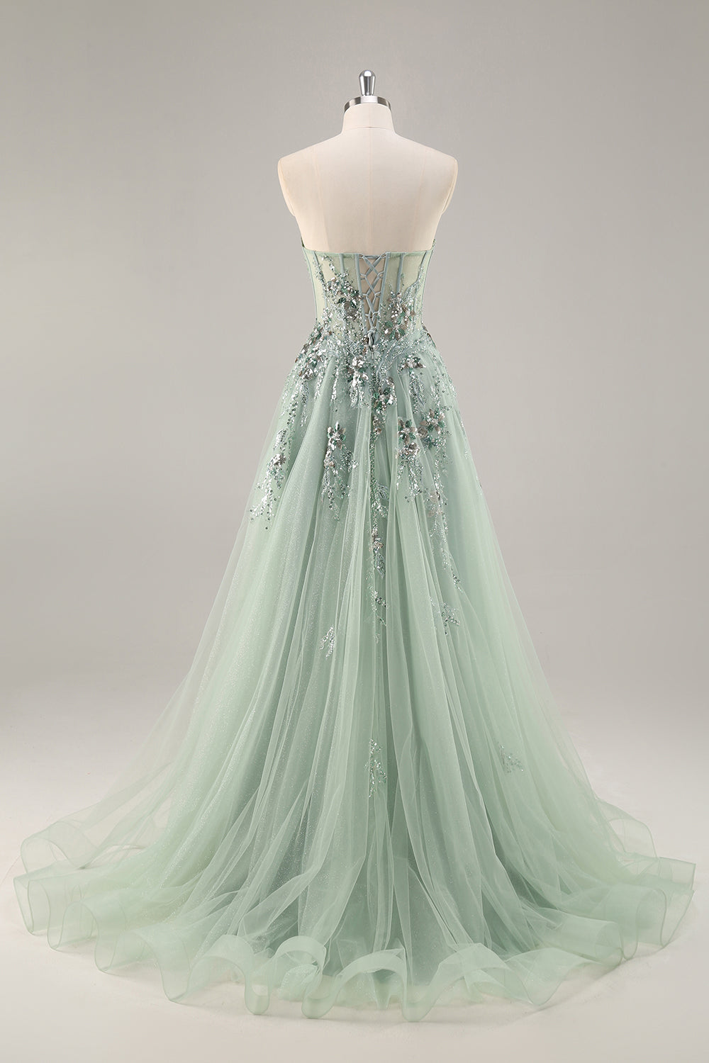 Sparkly Green Tulle Corset Sweetheart Appliqued Long Prom Dress