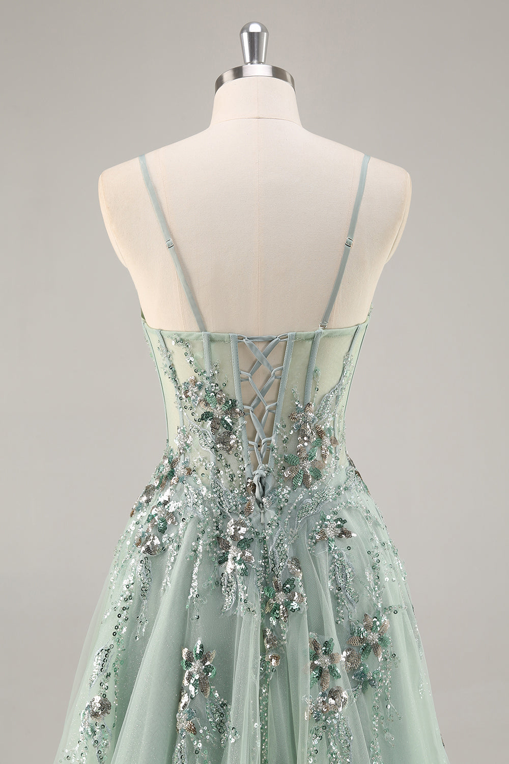 Sparkly Green Tulle Corset Sweetheart Appliqued Long Prom Dress