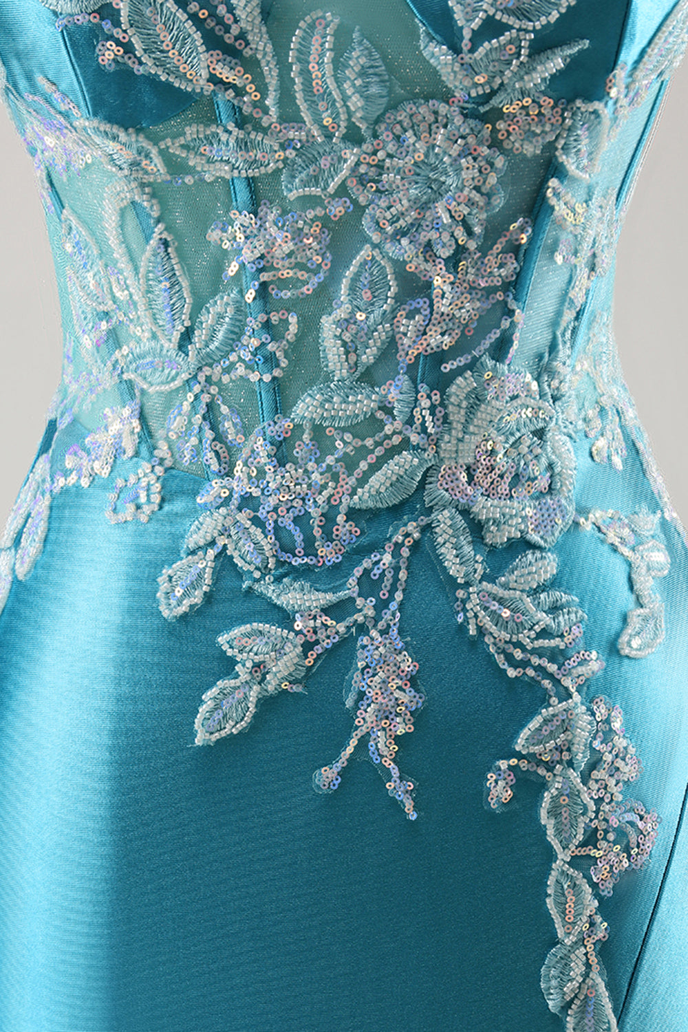 Blue Satin Corset Appliqued Mermaid Long Prom Dress with Slit