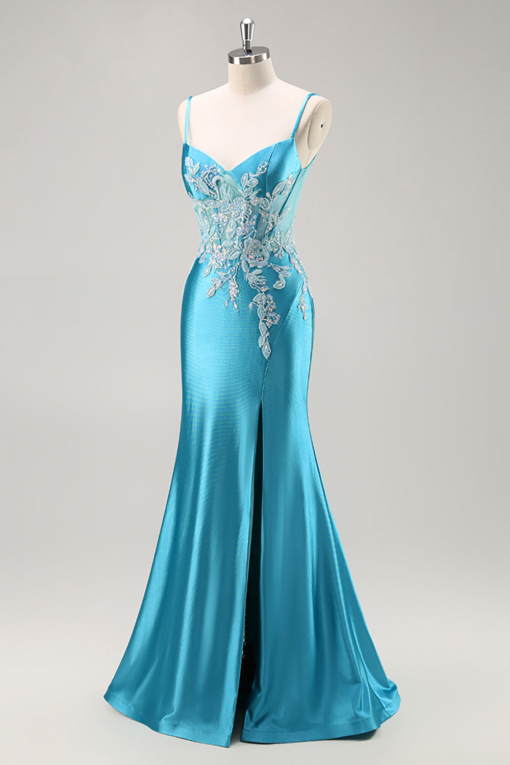 Blue Satin Corset Appliqued Mermaid Long Prom Dress with Slit