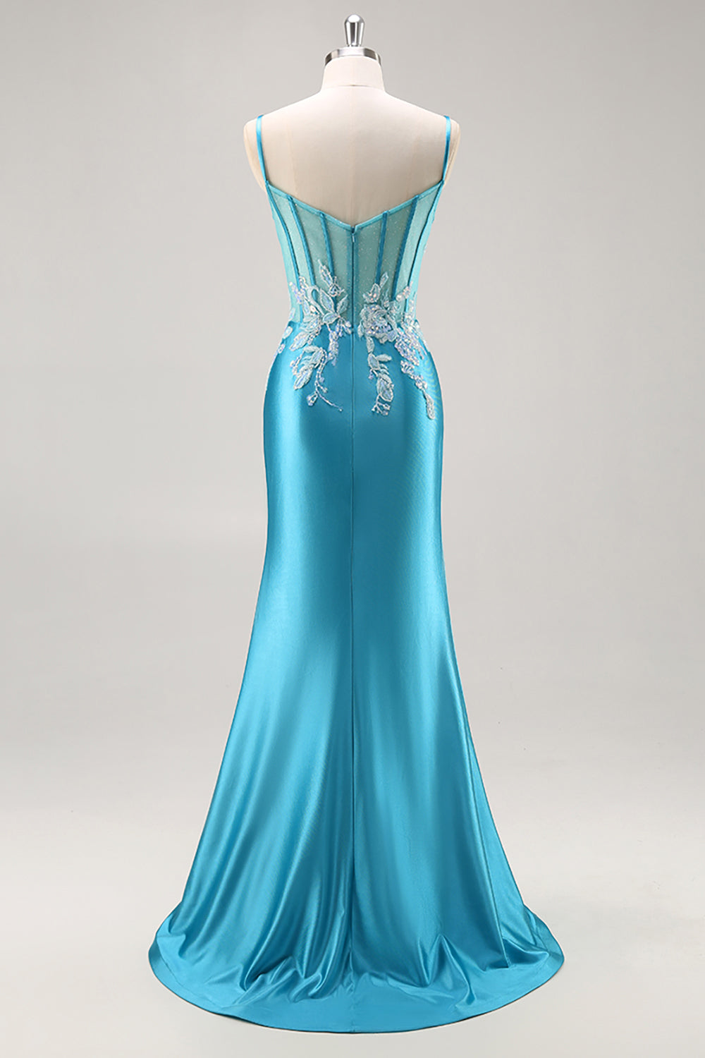 Blue Satin Corset Appliqued Mermaid Long Prom Dress with Slit
