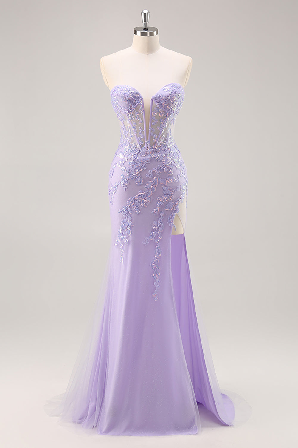 Sparkly Lilac Tulle Corset Sweetheart Long Prom Dress with Appliques
