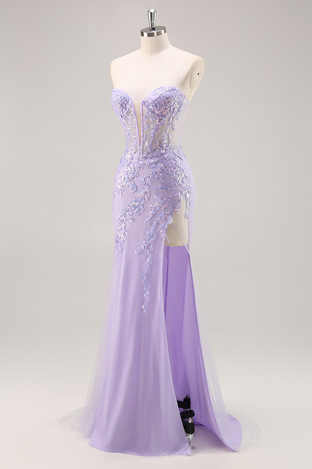 Sparkly Lilac Tulle Corset Sweetheart Long Prom Dress with Appliques