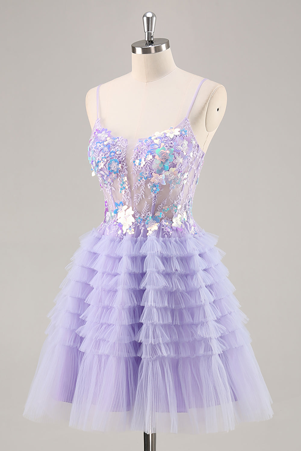 Sparkly Purple Floral Ruffled Corset Tiered Short Homecoming Dress