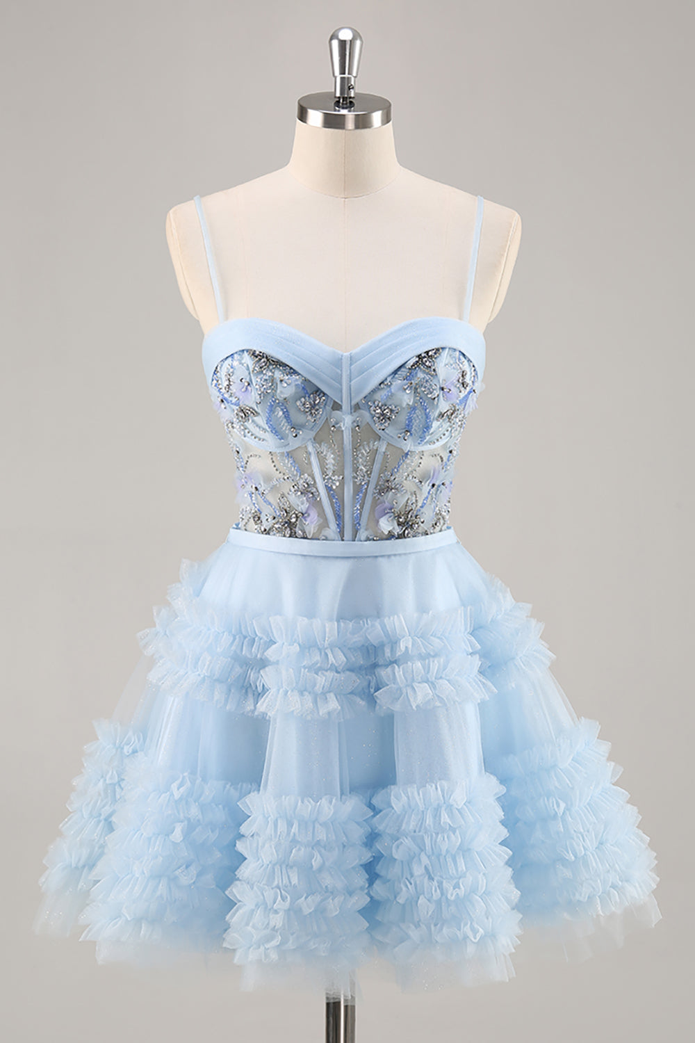 Sparkly Floral Blue Corset Ruffled Short Homecoming Dress with Beading