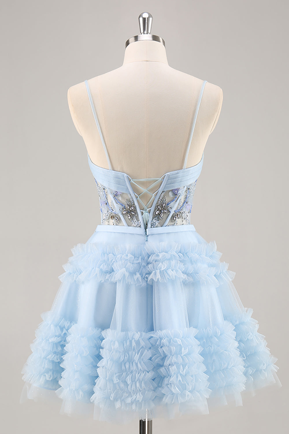 Sparkly Floral Blue Corset Ruffled Short Homecoming Dress with Beading