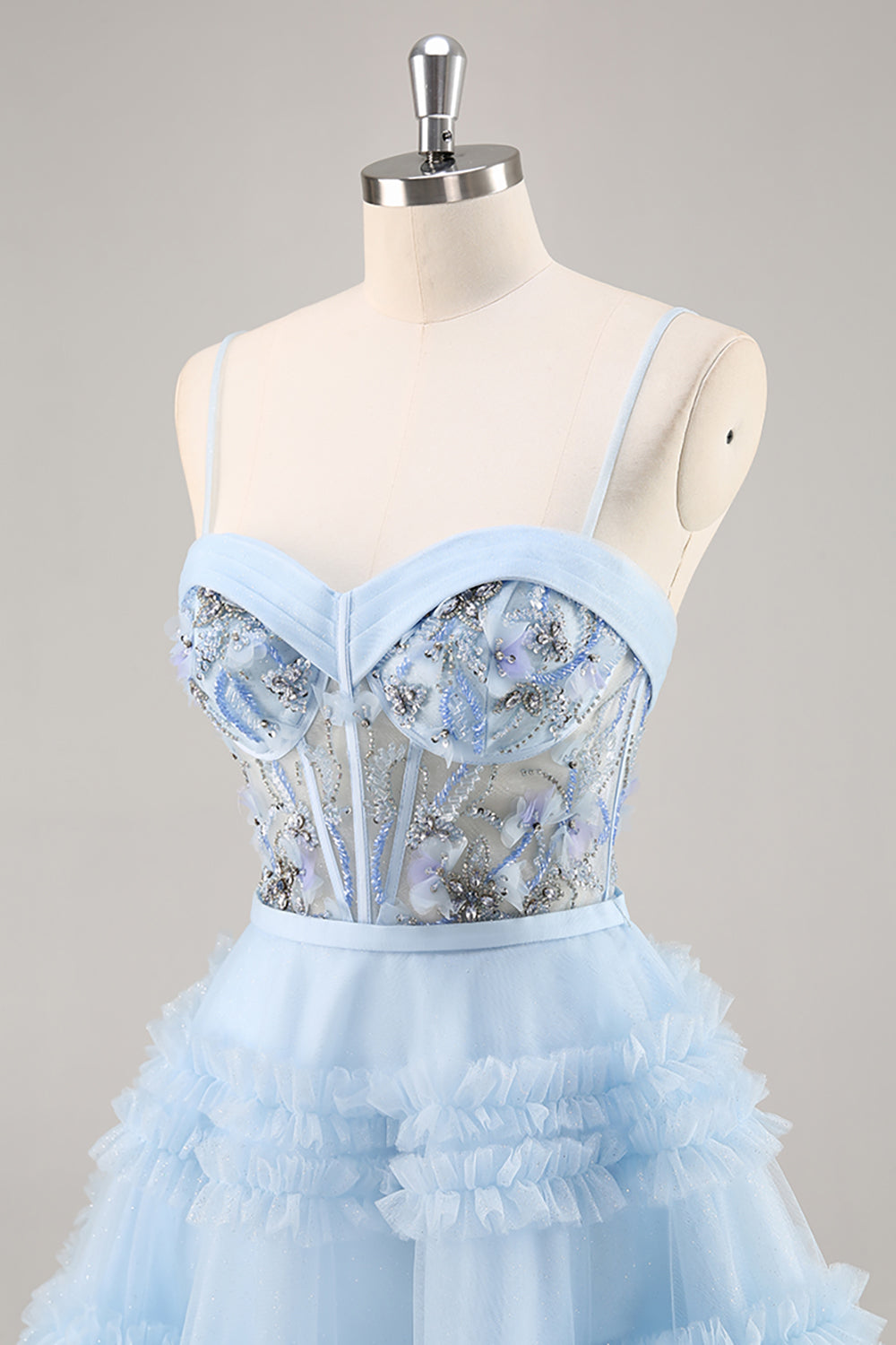 Sparkly Floral Blue Corset Ruffled Short Homecoming Dress with Beading