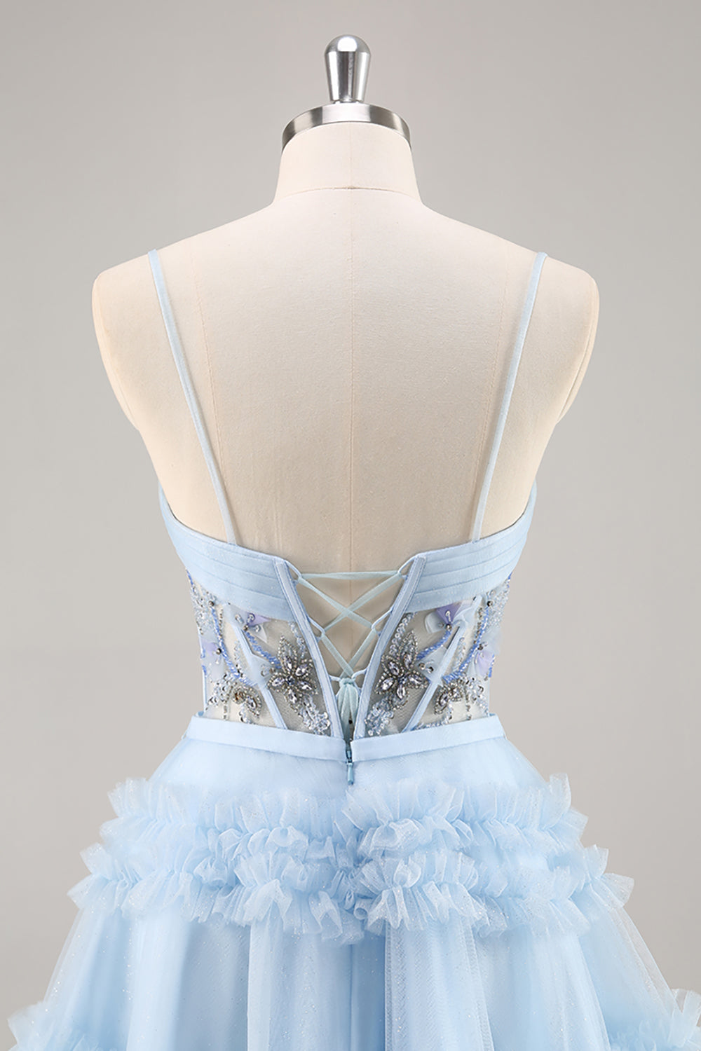 Sparkly Floral Blue Corset Ruffled Short Homecoming Dress with Beading