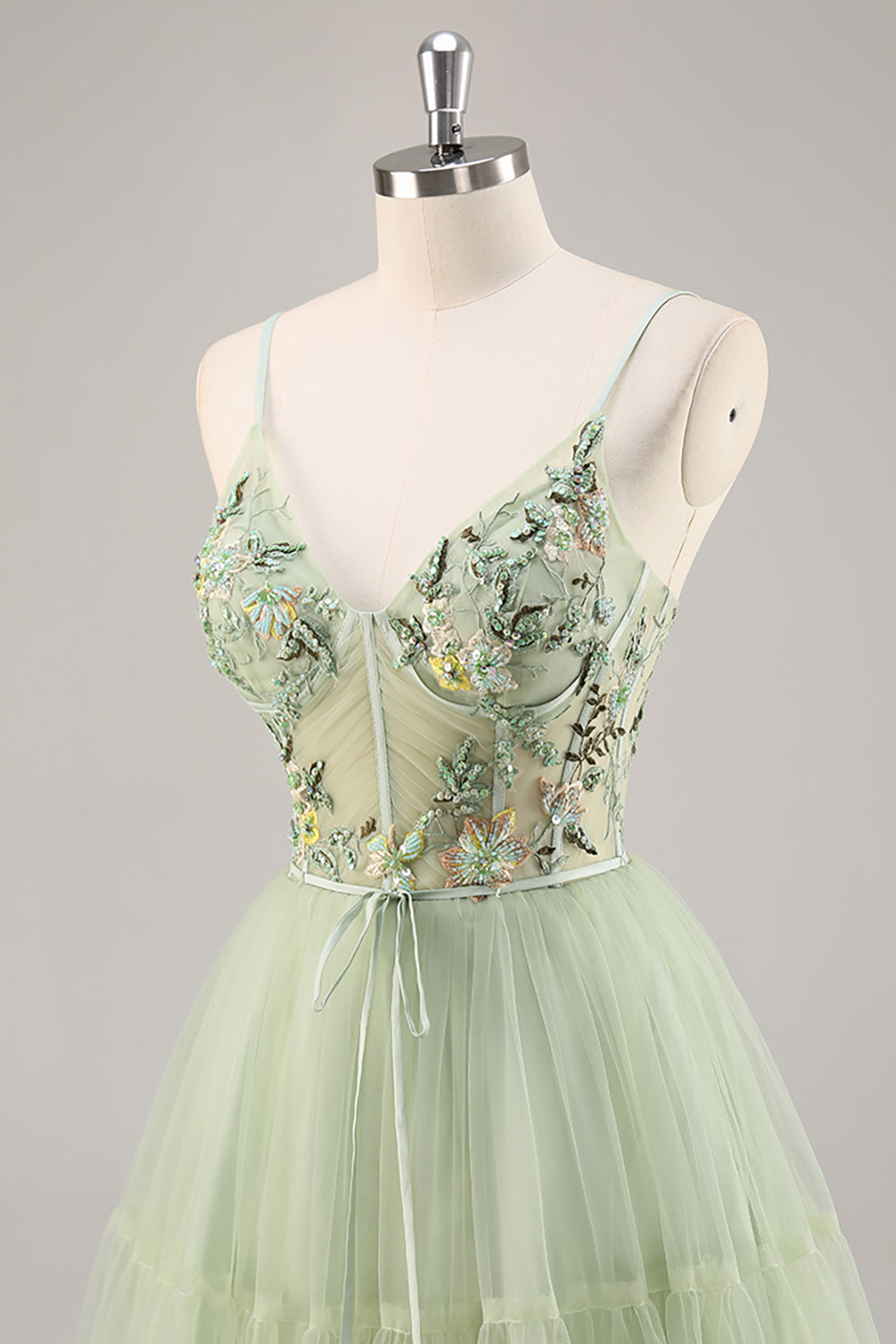 Green Floral Tulle Corset Short Homecoming Dress with Appliques