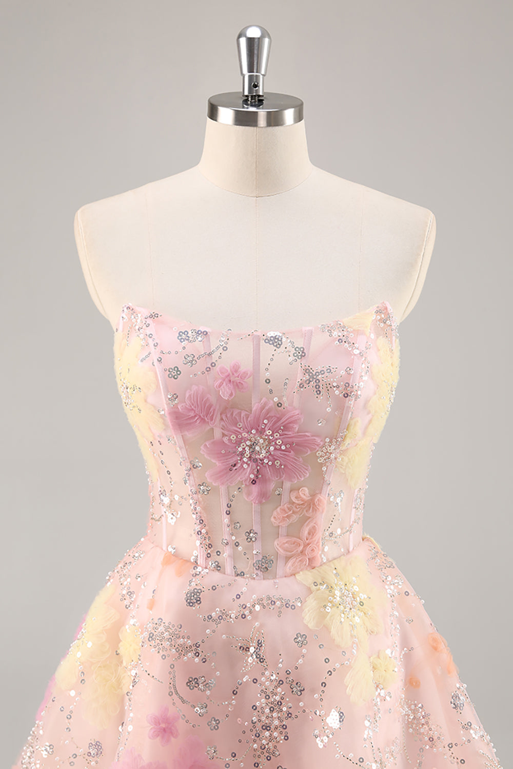 Sparkly Pink Corset Strapless Floral Short Homecoming Dress with Beading