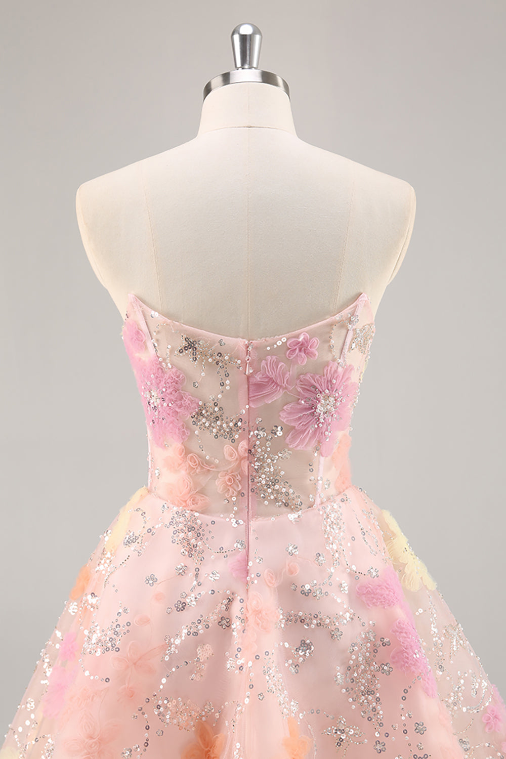 Sparkly Pink Corset Strapless Floral Short Homecoming Dress with Beading