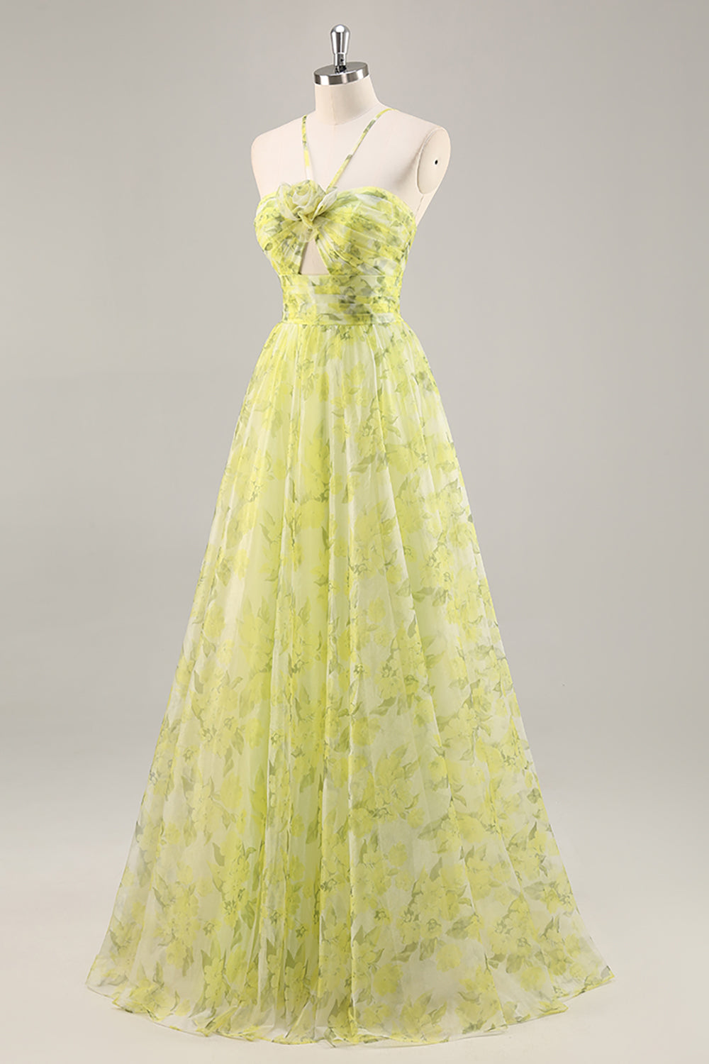 Yellow Green Tulle Floral Ruched Long Prom Dress with Keyhole