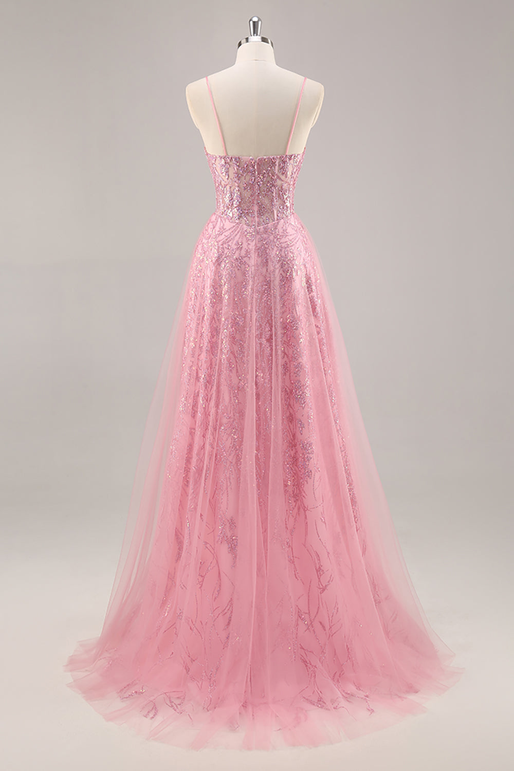 Sparkly Pink Tulle Corset A Line Long Prom Dress with Sequins