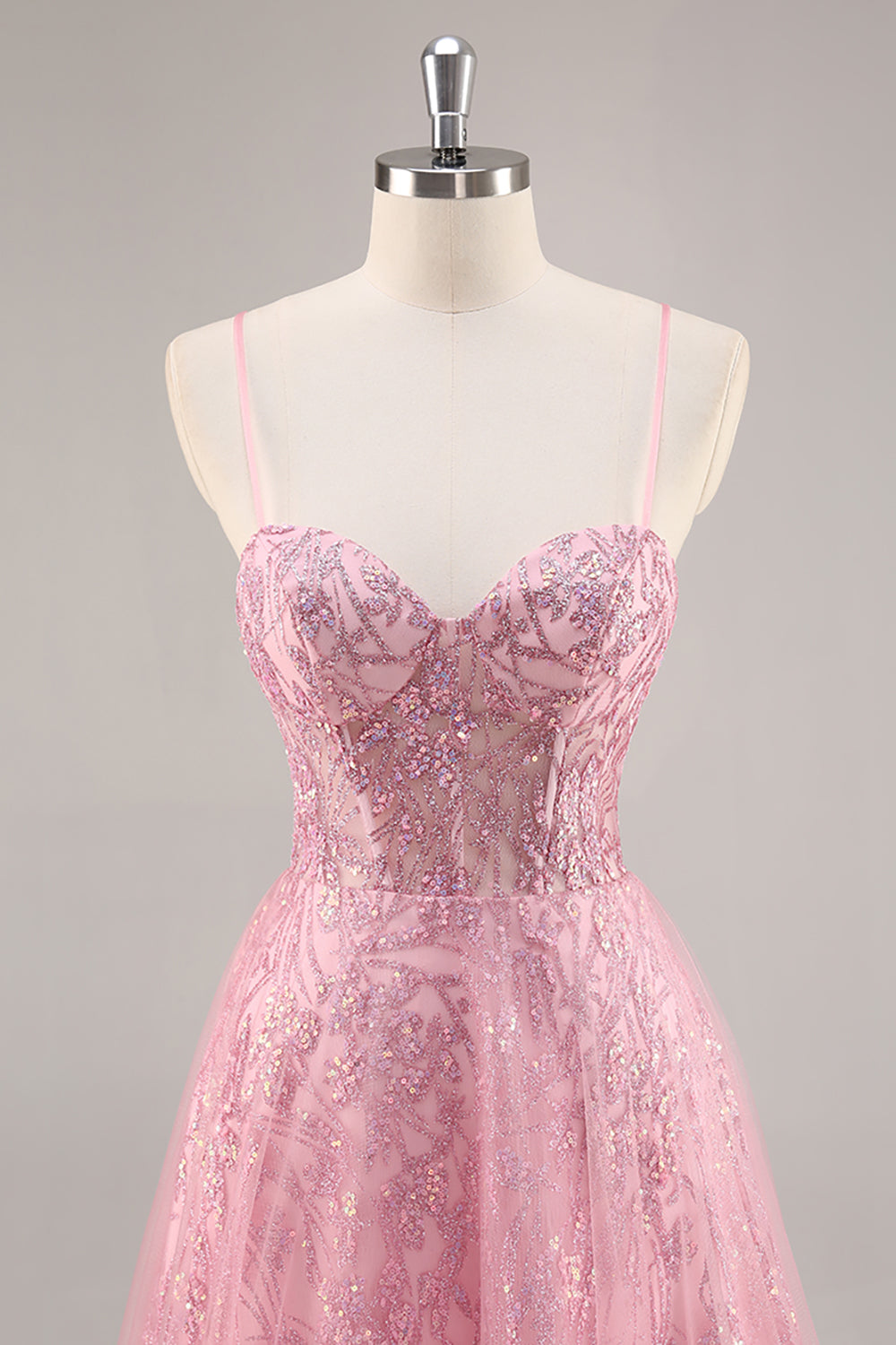 Sparkly Pink Tulle Corset A Line Long Prom Dress with Sequins