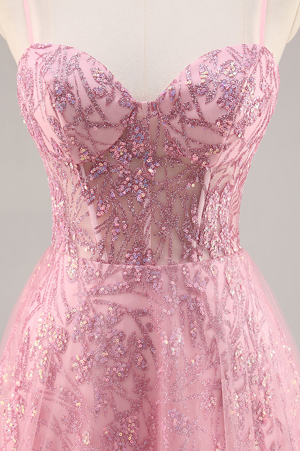 Sparkly Pink Tulle Corset A Line Long Prom Dress with Sequins