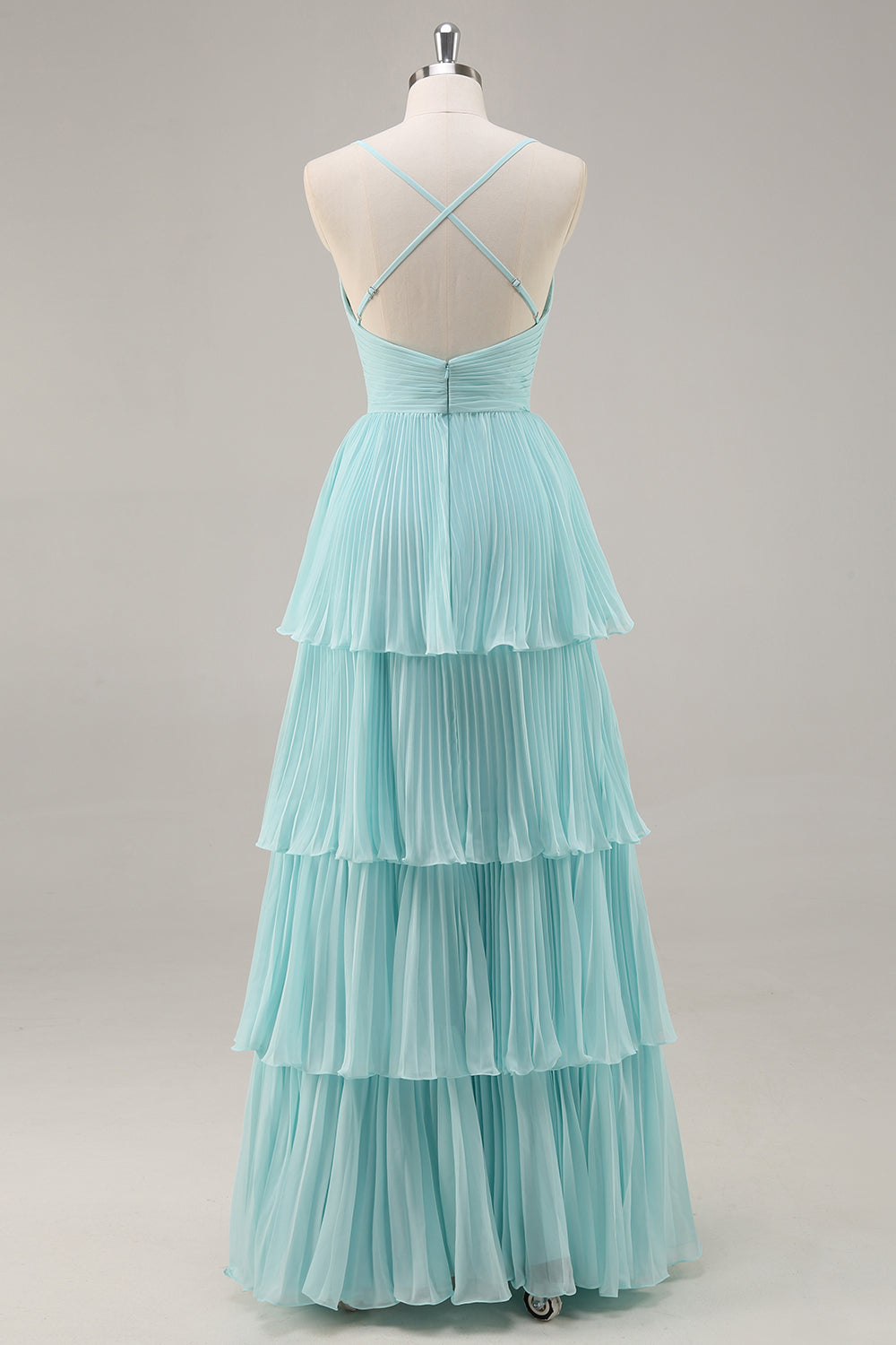 Green Chiffon A Line Tiered Pleated Long Prom Dress